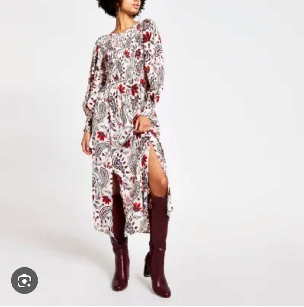 River Island Long Sleeve Shirred Floral Sequin Maxi Dress With Slits Smoked 6